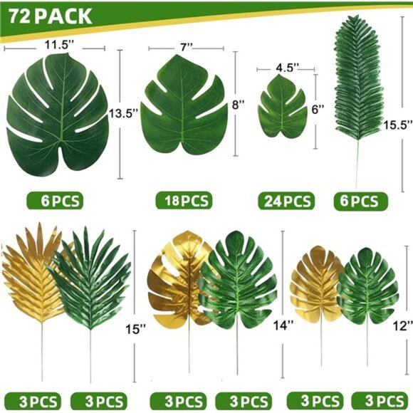 72 Pieces 10 Kinds Artificial Palm Leaves Golden Tropical Leaves with Stems - Picture 2 of 8